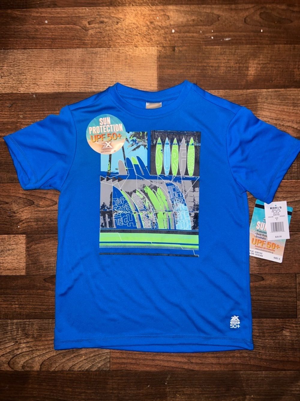 Boys' Blue swim shirt UPF 50+ Short Sleeve Surf Graphic Tee size 8